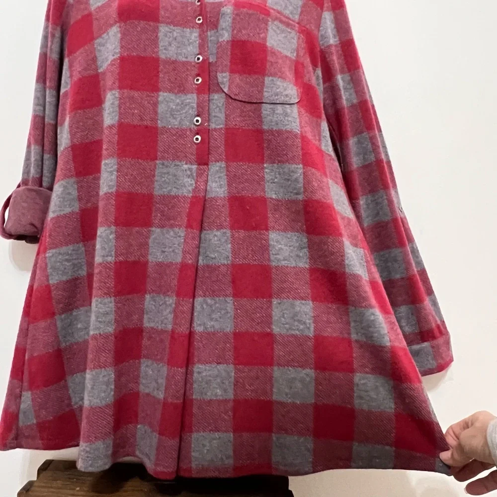 Soft Surroundings Red Gray Plaid Women's Tunic Top Cottagecore Country - Picture 6 of 13